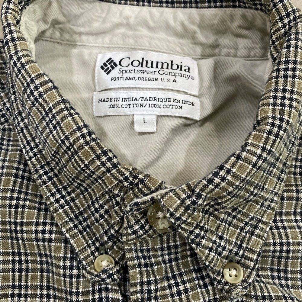 Vintage Columbia Flannel Button Up Shirt Mens L Long Sleeve Pocket Plaid Neutral